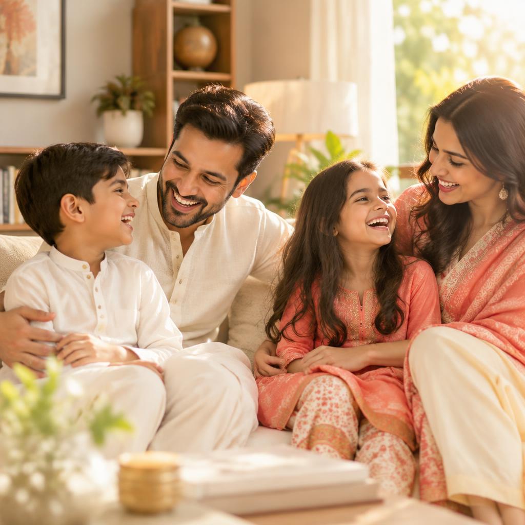 A happy Pakistani family relaxing at home