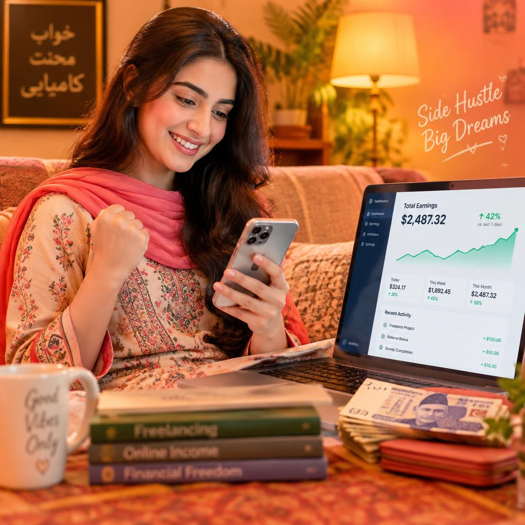 A young woman checking her earnings on her phone